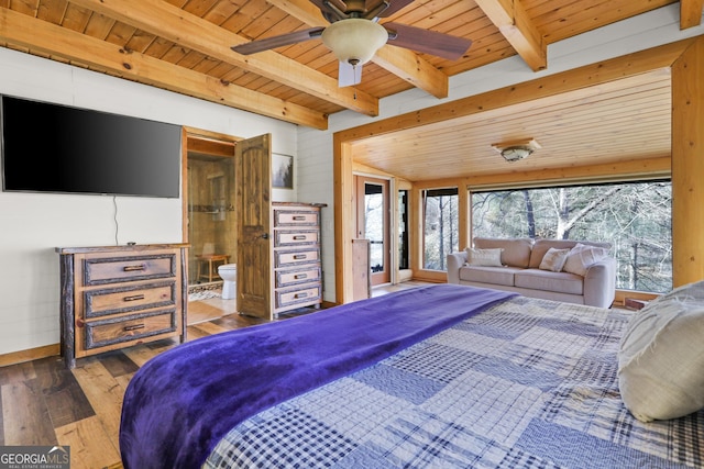 bedroom featuring dark wood-type flooring, ensuite bath, ceiling fan, and wooden ceiling