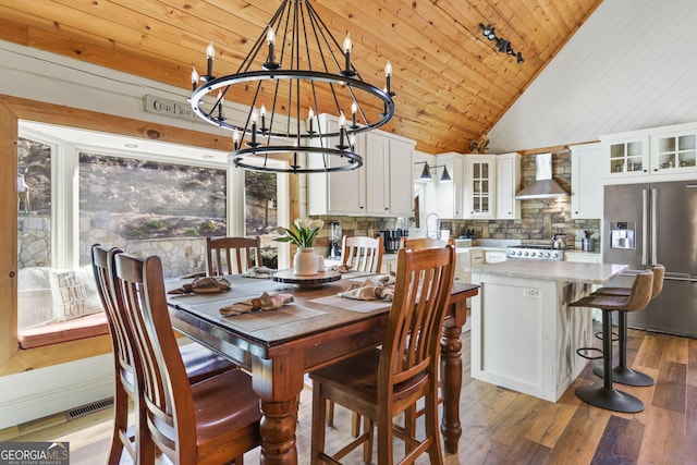 dining space featuring hardwood / wood-style floors, a notable chandelier, wooden ceiling, and high vaulted ceiling