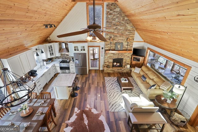 living room featuring wood ceiling, ceiling fan, high vaulted ceiling, a fireplace, and dark hardwood / wood-style floors