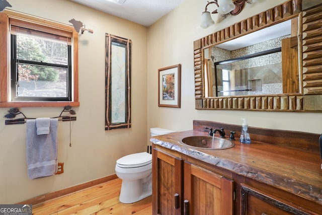 bathroom with wood-type flooring, vanity, toilet, and curtained shower