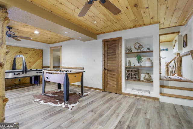 recreation room featuring wood ceiling, built in shelves, ceiling fan, and light hardwood / wood-style floors