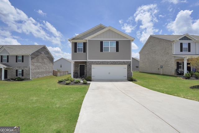 view of front of property with a front yard and a garage