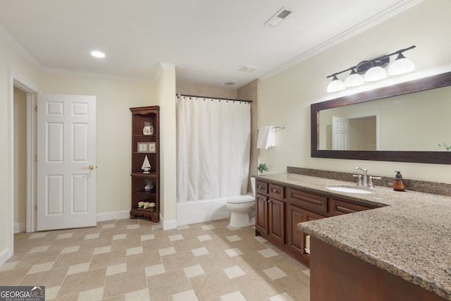 full bathroom featuring shower / bathtub combination with curtain, vanity, toilet, and ornamental molding