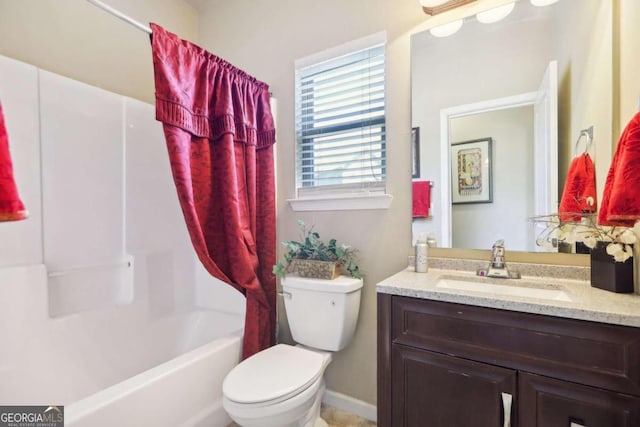 full bathroom with toilet, vanity, and shower / tub combo with curtain