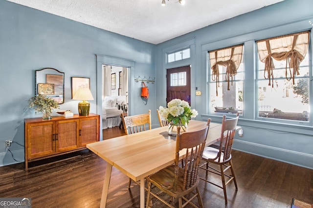 dining space with a healthy amount of sunlight, dark hardwood / wood-style floors, and a textured ceiling