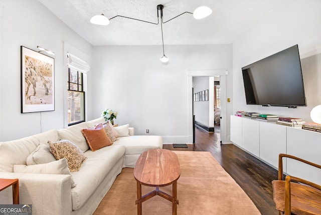 living room with a textured ceiling and dark hardwood / wood-style floors