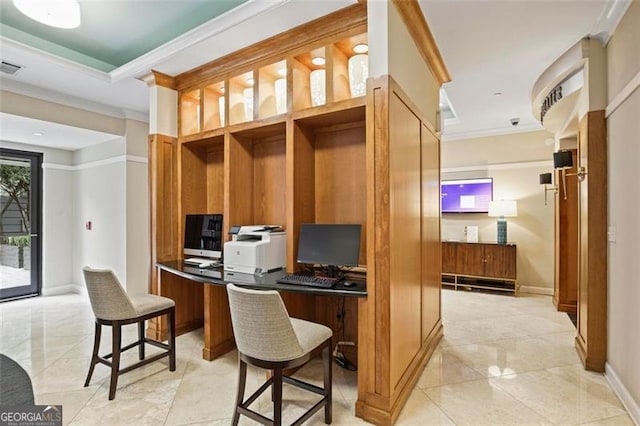 home office with crown molding