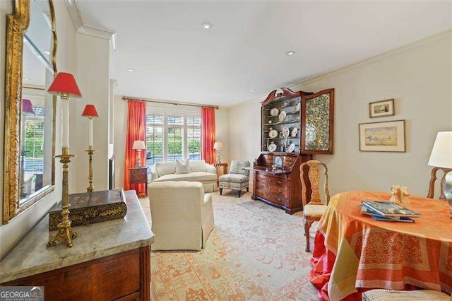 living room with crown molding