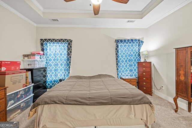 192 Celestial Run, Winder, GA 30680 - carpeted bedroom with a raised ceiling, crown molding, a ceiling fan, and baseboards