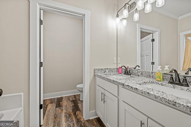 192 Celestial Run, Winder, GA 30680 - bathroom featuring wood finished floors, toilet, crown molding, baseboards, and double vanity