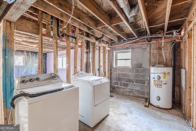 basement featuring independent washer and dryer and electric water heater