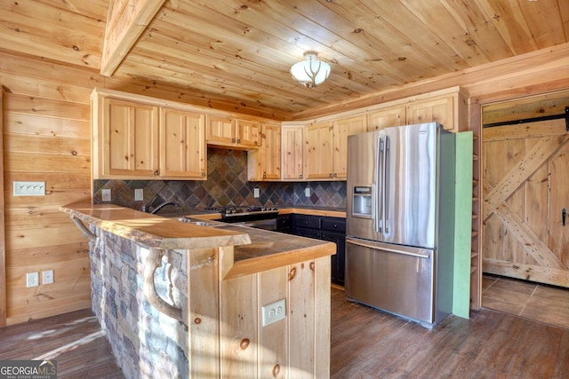 kitchen with light brown cabinets, dark wood-type flooring, kitchen peninsula, wood ceiling, and appliances with stainless steel finishes