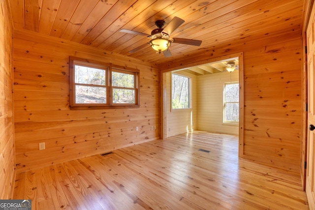 empty room featuring ceiling fan, wood walls, light wood-type flooring, and wooden ceiling