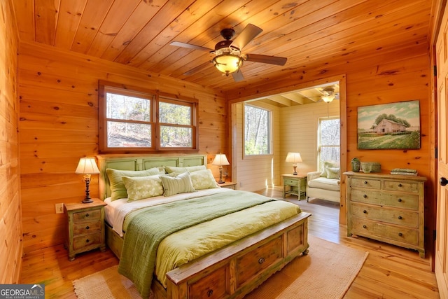 bedroom featuring wood ceiling, ceiling fan, light hardwood / wood-style floors, and wood walls