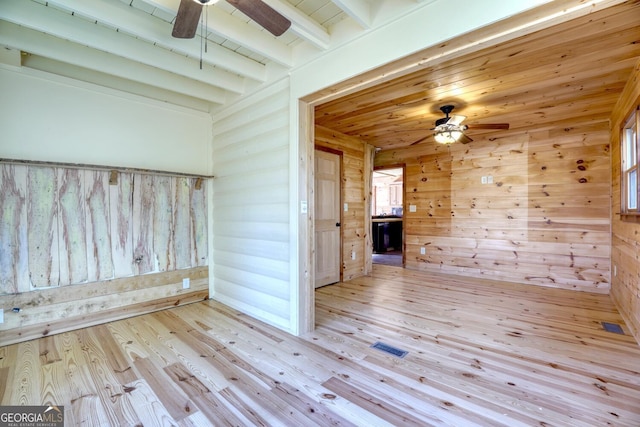 empty room with beam ceiling, light hardwood / wood-style flooring, wooden ceiling, and wood walls