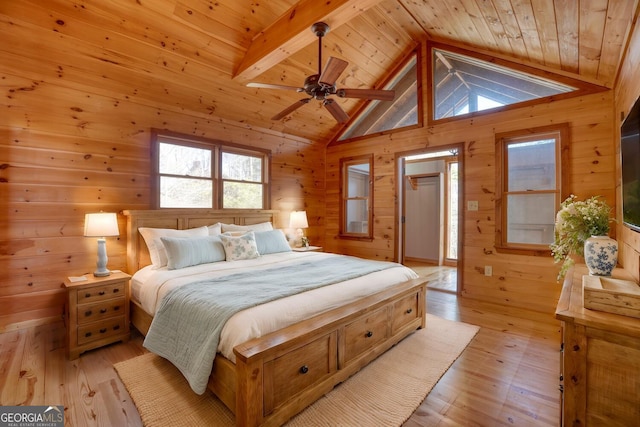 bedroom with ceiling fan, wooden ceiling, lofted ceiling with beams, wood walls, and light hardwood / wood-style floors