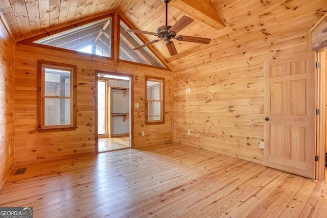 empty room with vaulted ceiling with beams, wood walls, light hardwood / wood-style floors, and wood ceiling