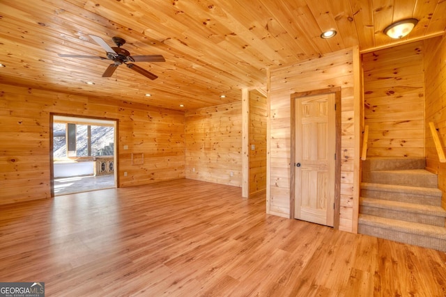 interior space with wooden walls, ceiling fan, wooden ceiling, and wood-type flooring