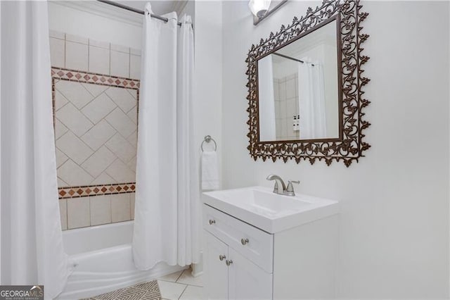 bathroom with vanity, shower / tub combo, and tile patterned flooring