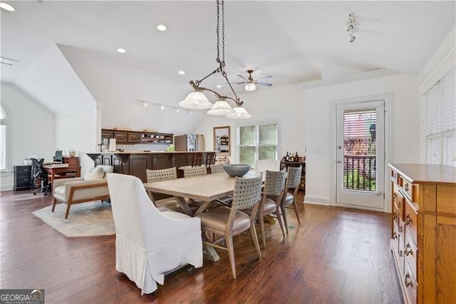 dining area featuring lofted ceiling, ceiling fan, and dark hardwood / wood-style flooring