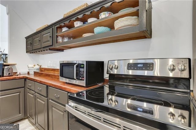 kitchen featuring wood counters, gray cabinetry, and stainless steel appliances