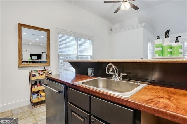 kitchen featuring ceiling fan, dishwasher, sink, and crown molding