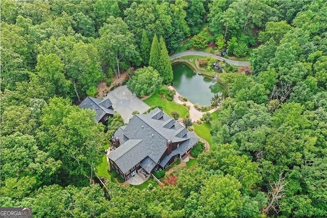 drone / aerial view featuring a water view