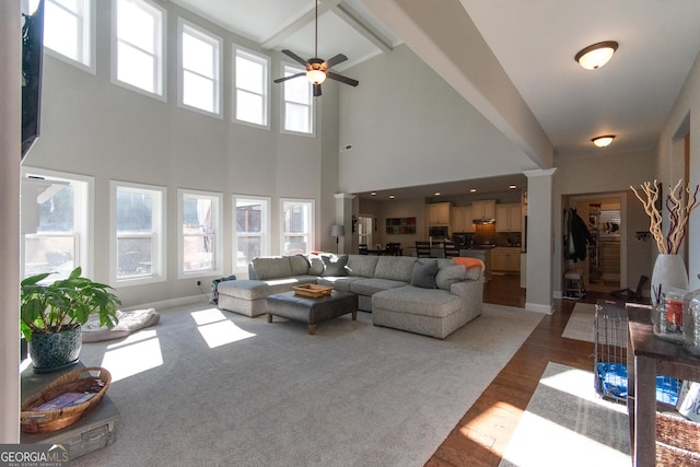 living room featuring a high ceiling, ceiling fan, and wood-type flooring