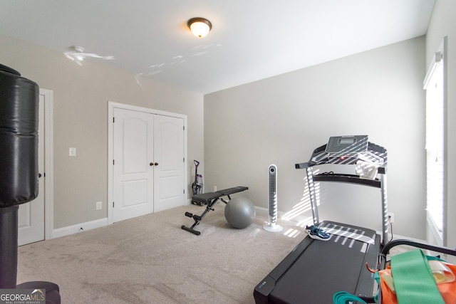 exercise room featuring carpet flooring