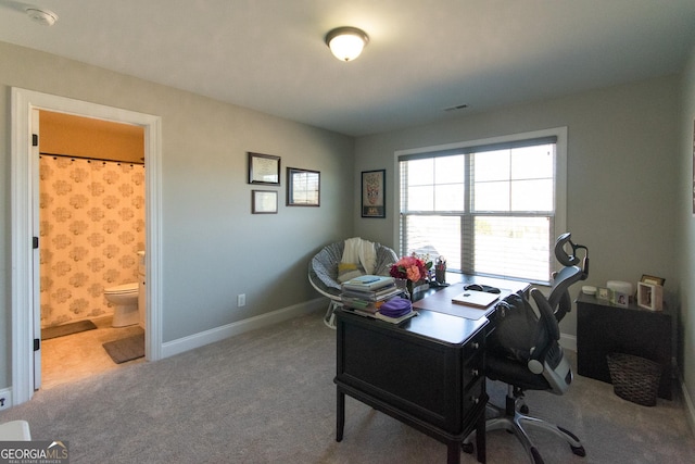 office area featuring light colored carpet