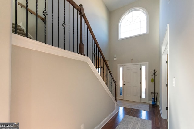 entrance foyer featuring dark hardwood / wood-style flooring and a high ceiling