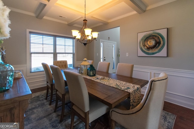 dining area with beam ceiling, coffered ceiling, dark hardwood / wood-style flooring, a chandelier, and ornamental molding