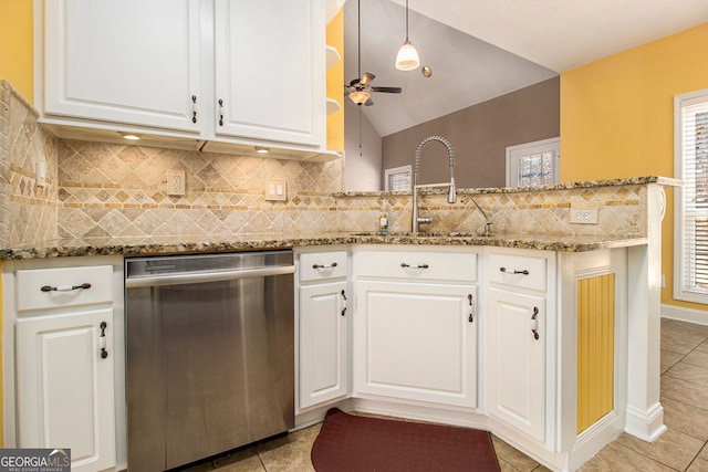 kitchen with pendant lighting, sink, dishwasher, white cabinetry, and kitchen peninsula