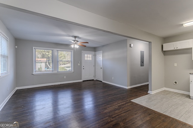 interior space featuring ceiling fan, a healthy amount of sunlight, electric panel, and dark hardwood / wood-style floors