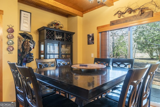 dining area featuring beam ceiling and wood ceiling