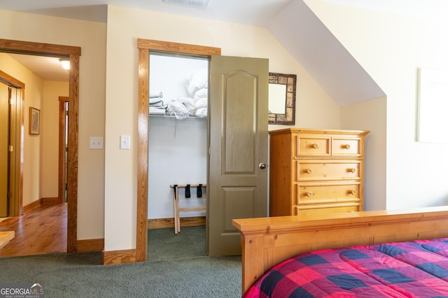 carpeted bedroom with a walk in closet and a closet