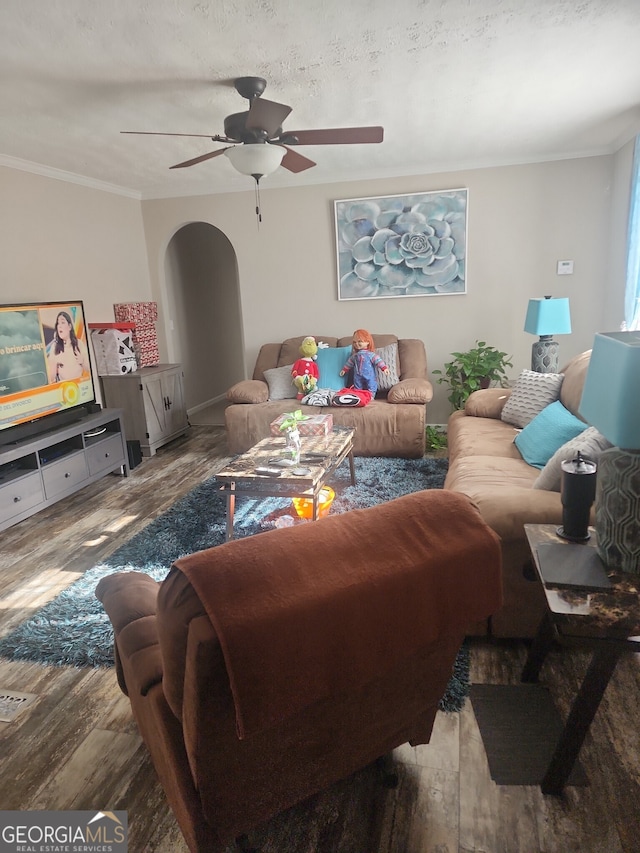 living room with hardwood / wood-style flooring, ceiling fan, ornamental molding, and a textured ceiling