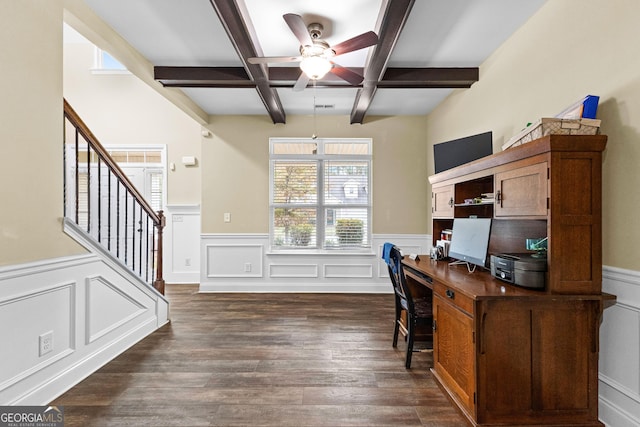 office area featuring beam ceiling, ceiling fan, coffered ceiling, and dark hardwood / wood-style floors