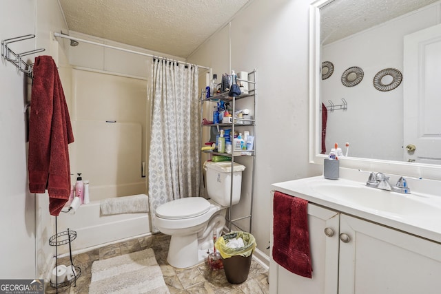 full bathroom featuring vanity, a textured ceiling, toilet, and shower / bath combo with shower curtain