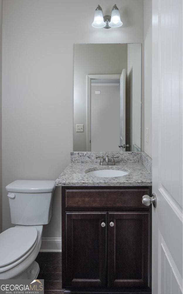 bathroom featuring vanity, wood-type flooring, and toilet