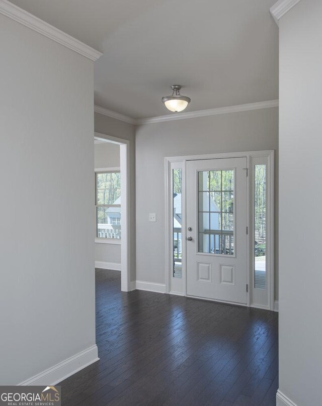 foyer entrance with crown molding, plenty of natural light, and dark hardwood / wood-style floors