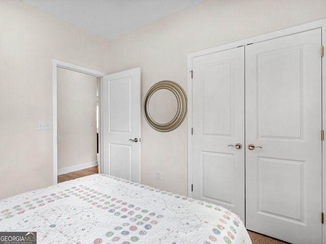 bedroom featuring wood-type flooring and a closet