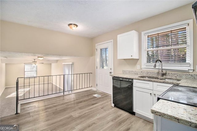 kitchen with white cabinetry, dishwasher, ceiling fan, and sink