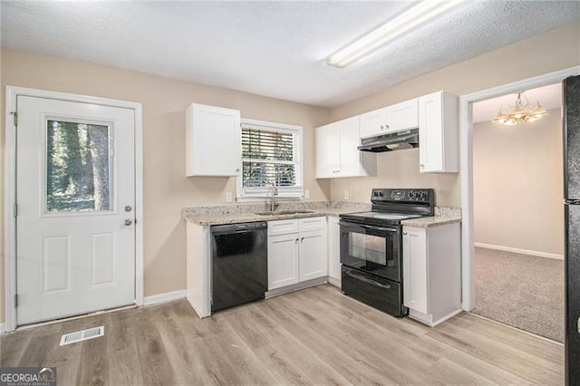 kitchen with white cabinets, sink, light stone countertops, and black appliances