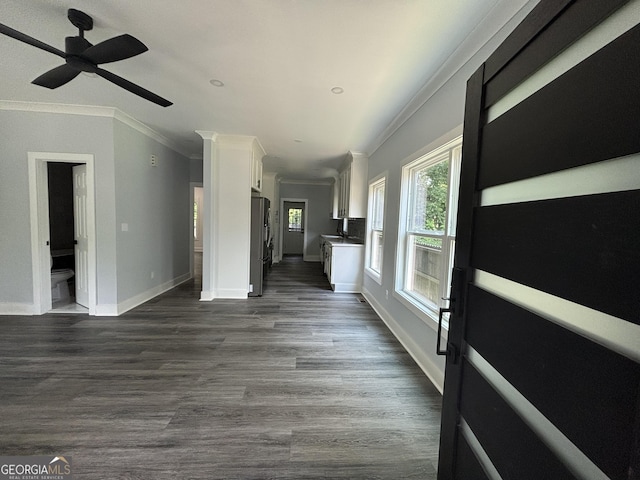 interior space featuring ceiling fan, dark hardwood / wood-style flooring, and ornamental molding