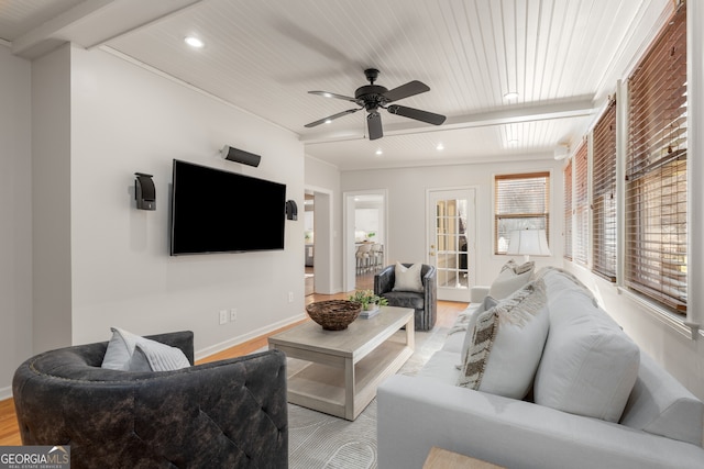 living room featuring ceiling fan, light hardwood / wood-style flooring, beamed ceiling, and wood ceiling