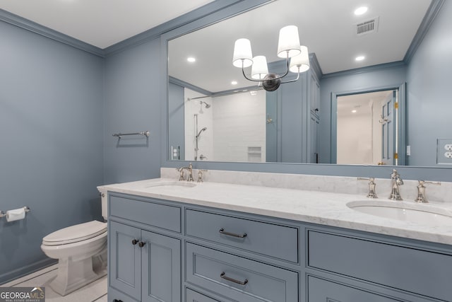 bathroom featuring toilet, vanity, ornamental molding, and walk in shower