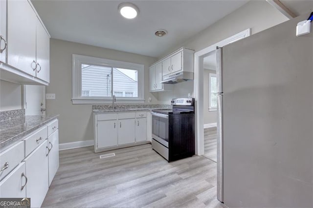 kitchen with white cabinets, sink, light wood-type flooring, and stainless steel appliances