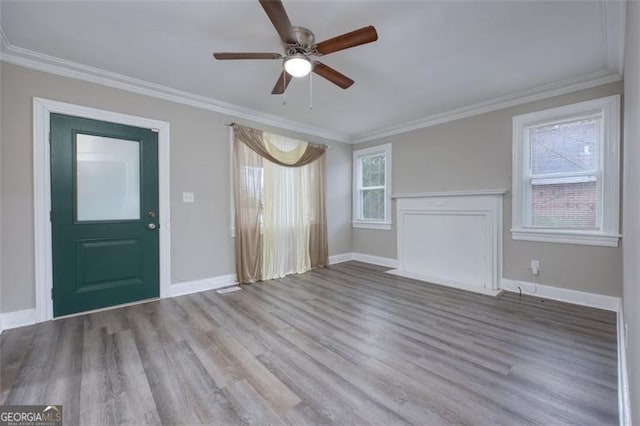 interior space featuring light hardwood / wood-style flooring, ceiling fan, and ornamental molding