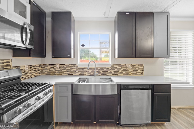 kitchen featuring tasteful backsplash, crown molding, sink, and appliances with stainless steel finishes